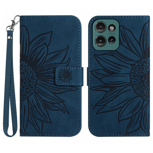 HT04 For Motorola Moto G75 5G Case Sunflower Imprint Leather Wallet Phone Cover with Wrist Strap - Dark Blue
