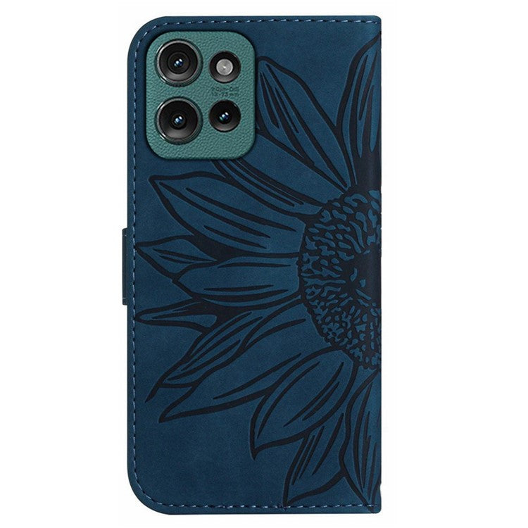 HT04 For Motorola Moto G75 5G Case Sunflower Imprint Leather Wallet Phone Cover with Wrist Strap - Dark Blue