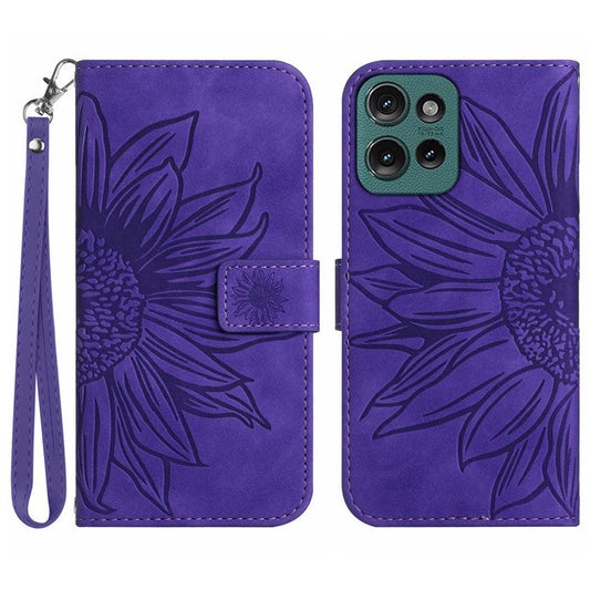 HT04 For Motorola Moto G75 5G Case Sunflower Imprint Leather Wallet Phone Cover with Wrist Strap - Dark Purple