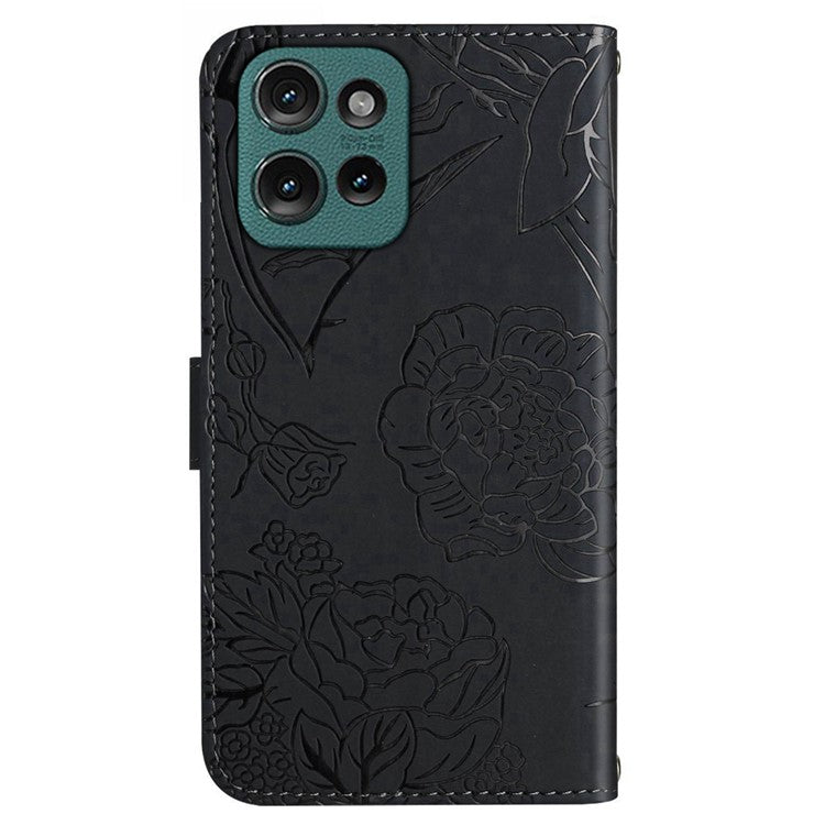 HT03 For Motorola Moto G75 5G Case Butterfly Flower Imprint Leather Phone Cover with Strap - Black