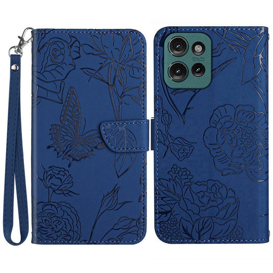 HT03 For Motorola Moto G75 5G Case Butterfly Flower Imprint Leather Phone Cover with Strap - Blue