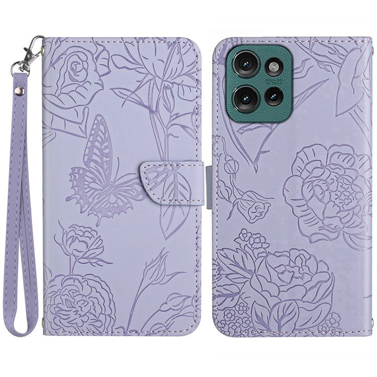 HT03 For Motorola Moto G75 5G Case Butterfly Flower Imprint Leather Phone Cover with Strap - Purple
