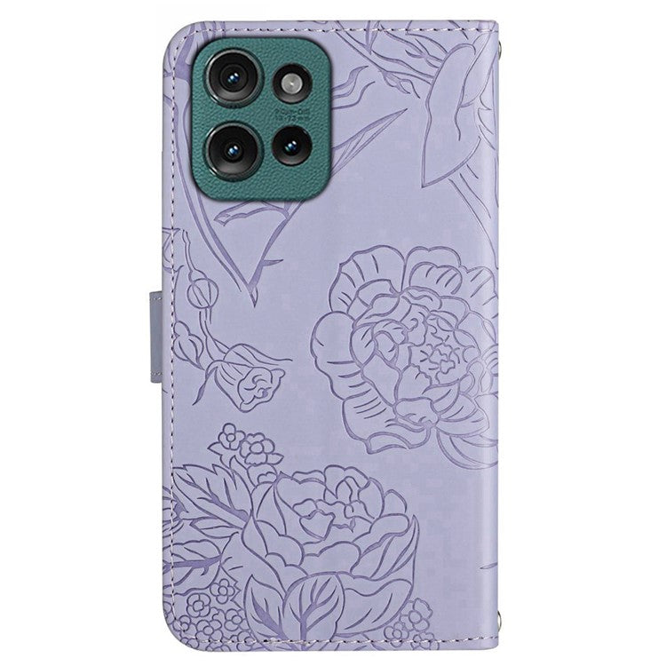 HT03 For Motorola Moto G75 5G Case Butterfly Flower Imprint Leather Phone Cover with Strap - Purple