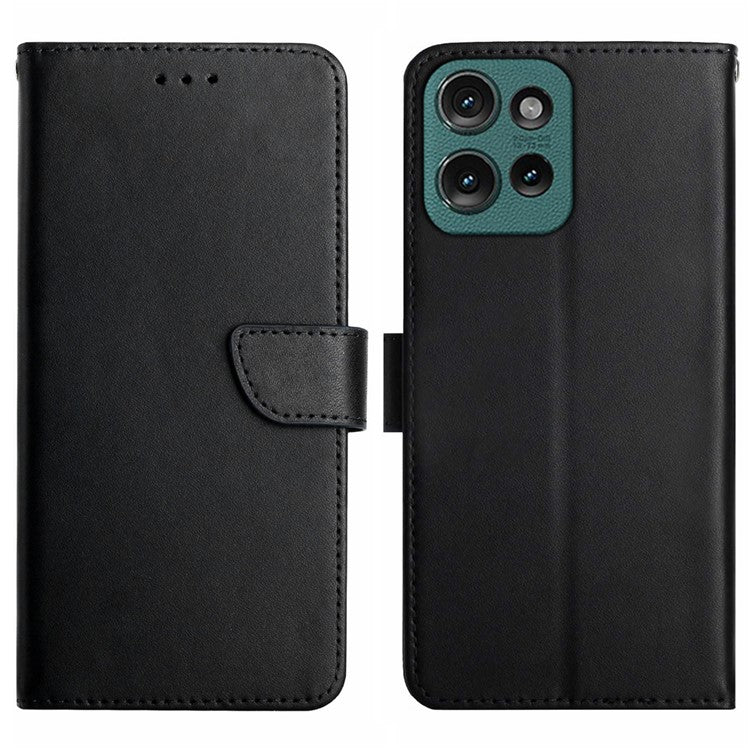 HT02 For Motorola Moto G75 5G Case Genuine Cow Leather Phone Cover Nappa Texture - Black