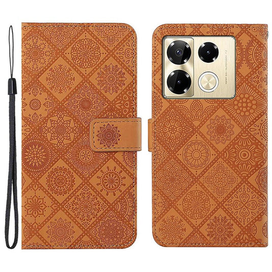 For Infinix Note 40 Pro 4G  /  5G  /  40 Pro+ Case Leather Case Ethnic Style Wallet Phone Cover with Strap - Brown