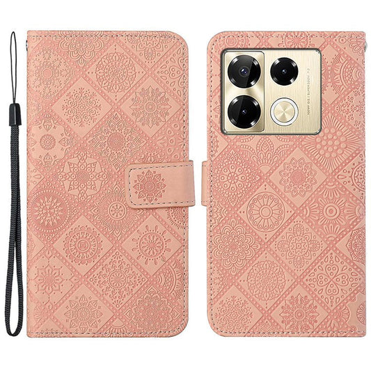 For Infinix Note 40 Pro 4G  /  5G  /  40 Pro+ Case Leather Case Ethnic Style Wallet Phone Cover with Strap - Pink