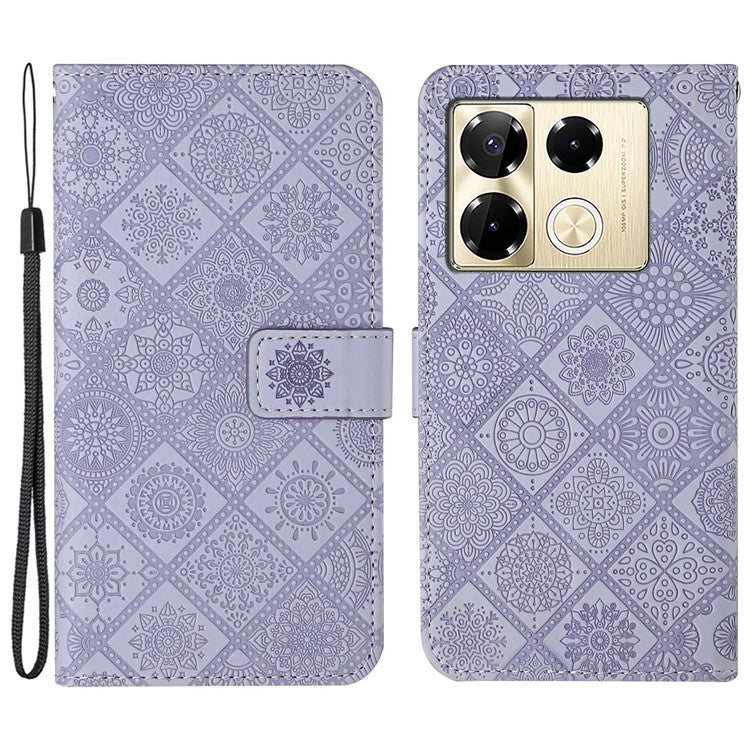 For Infinix Note 40 Pro 4G  /  5G  /  40 Pro+ Case Leather Case Ethnic Style Wallet Phone Cover with Strap - Purple