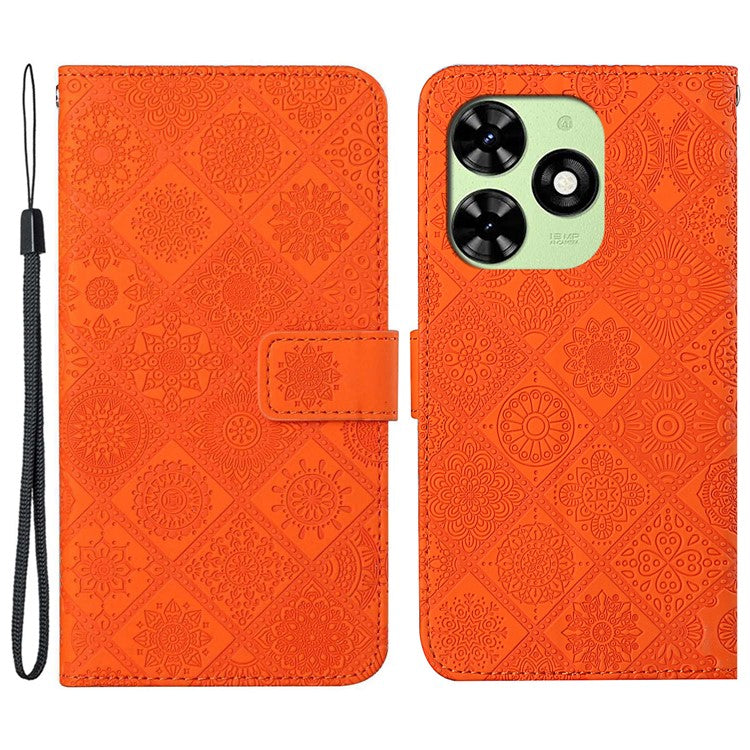 For TECNO Spark Go 2024 4G  /  Spark 20  /  20C  /  Pop 8  /  Infinix Smart 8 4G  /  8 Plus  /  8 Pro 4G Case Leather Case Ethnic Style Wallet Phone Cover with Strap - Orange