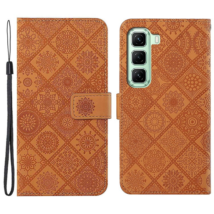For Infinix Hot 50 5G Case Leather Case Ethnic Style Wallet Phone Cover with Strap - Brown
