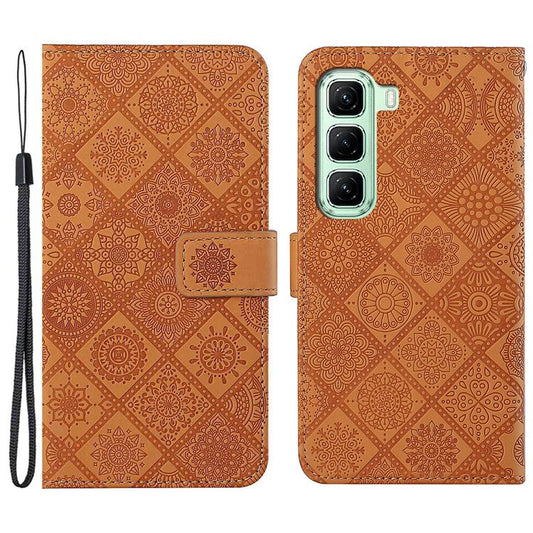 For Infinix Hot 50 5G Case Leather Case Ethnic Style Wallet Phone Cover with Strap - Brown
