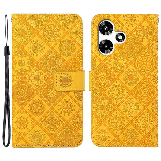 For Infinix Hot 30 Play NFC 4G Case Leather Case Ethnic Style Wallet Phone Cover with Strap - Yellow