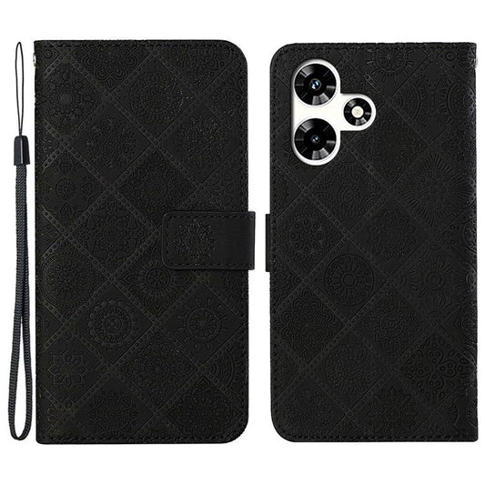 For Infinix Hot 30 Play NFC 4G Case Leather Case Ethnic Style Wallet Phone Cover with Strap - Black