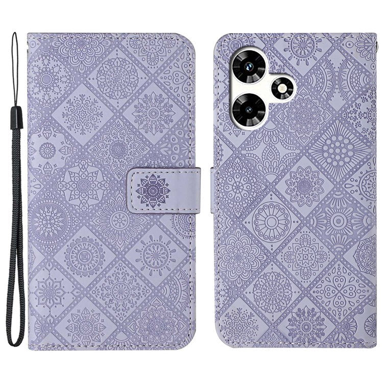 For Infinix Hot 30 Play NFC 4G Case Leather Case Ethnic Style Wallet Phone Cover with Strap - Purple