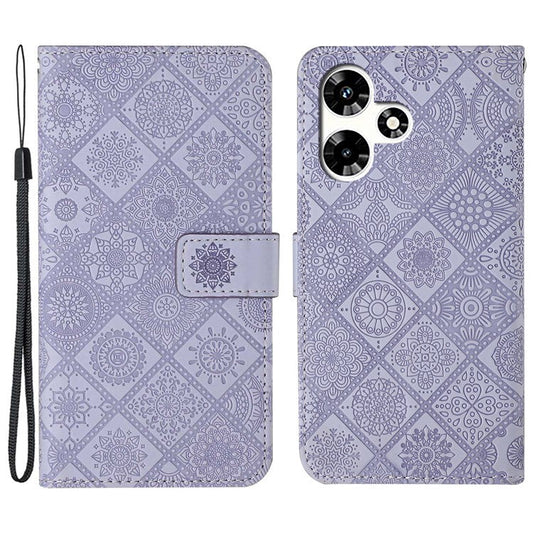 For Infinix Hot 30 Play NFC 4G Case Leather Case Ethnic Style Wallet Phone Cover with Strap - Purple
