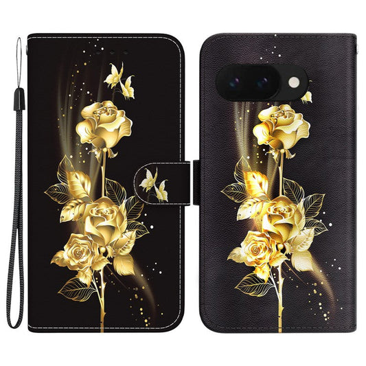 For Google Pixel 9a Wallet Phone Case Anti-Drop Leather Flip Cover Pattern Printing - Gold Butterfly Rose