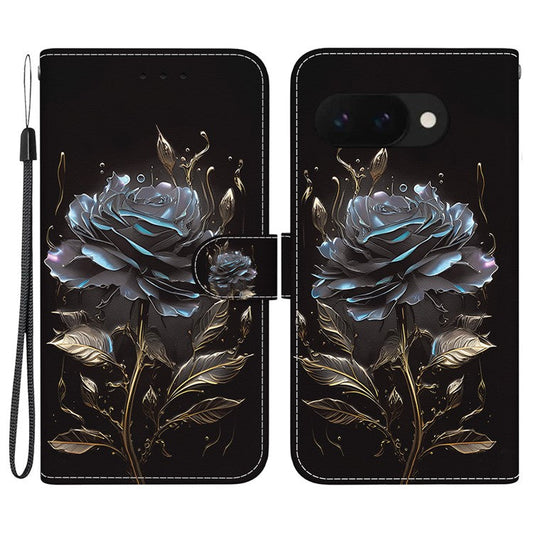For Google Pixel 9a Wallet Phone Case Anti-Drop Leather Flip Cover Pattern Printing - Black Rose