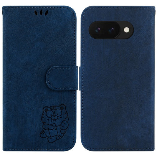 For Google Pixel 9a Wallet Case Tiger Imprint Leather Shockproof Phone Cover - Dark Blue