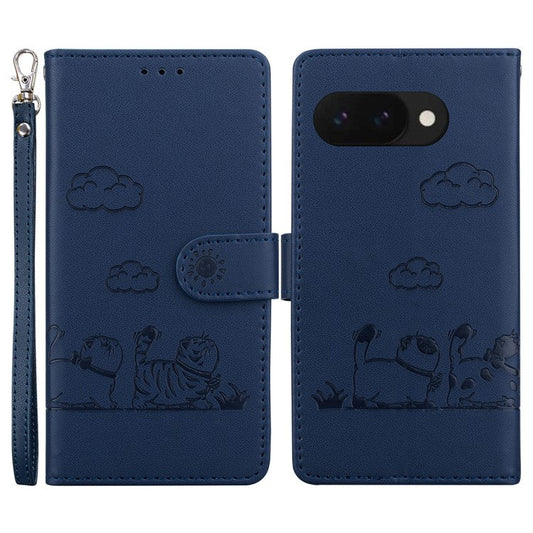 For Google Pixel 9a Case RFID Blocking Kitten Pattern TPU+PU Leather Phone Cover - Blue