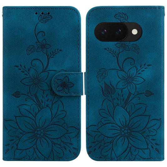 For Google Pixel 9a Case Lily Flower Imprint Leather Phone Cover with Stand - Dark Blue