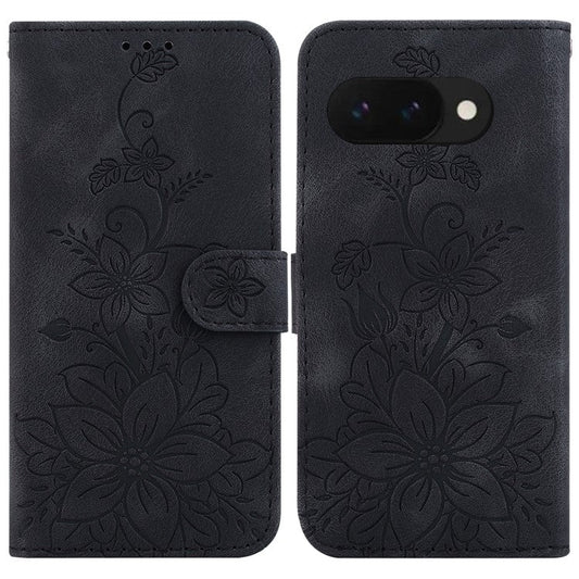 For Google Pixel 9a Case Lily Flower Imprint Leather Phone Cover with Stand - Black