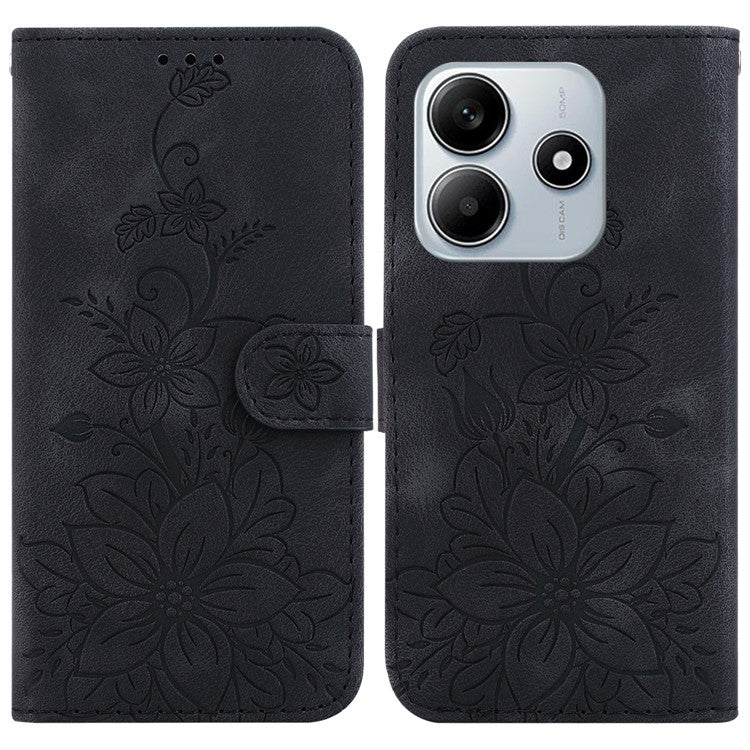For Xiaomi Redmi Note 14 5G Case Lily Flower Imprint Leather Phone Cover with Stand - Black