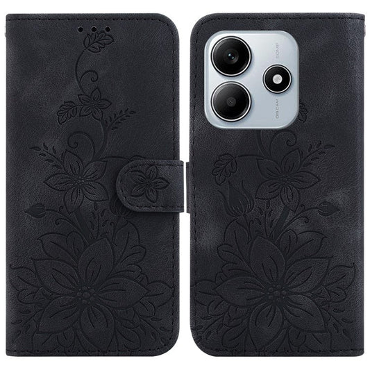 For Xiaomi Redmi Note 14 5G Case Lily Flower Imprint Leather Phone Cover with Stand - Black