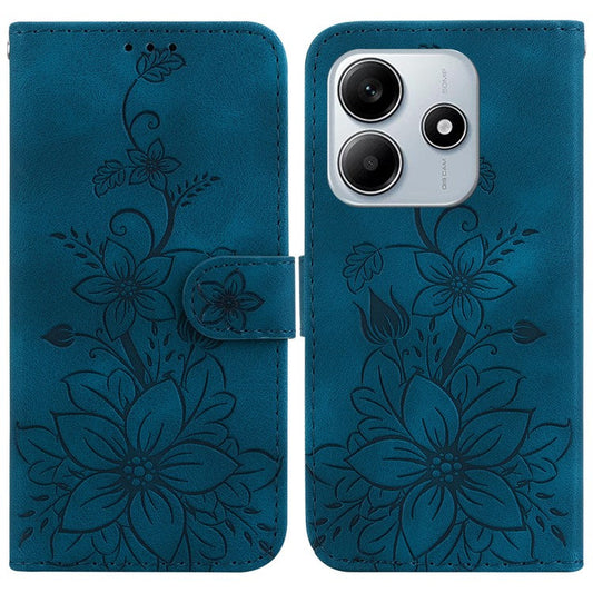 For Xiaomi Redmi Note 14 5G Case Lily Flower Imprint Leather Phone Cover with Stand - Dark Blue
