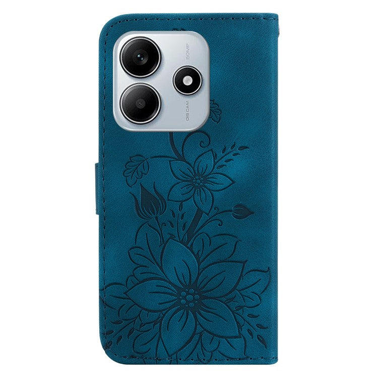 For Xiaomi Redmi Note 14 5G Case Lily Flower Imprint Leather Phone Cover with Stand - Dark Blue