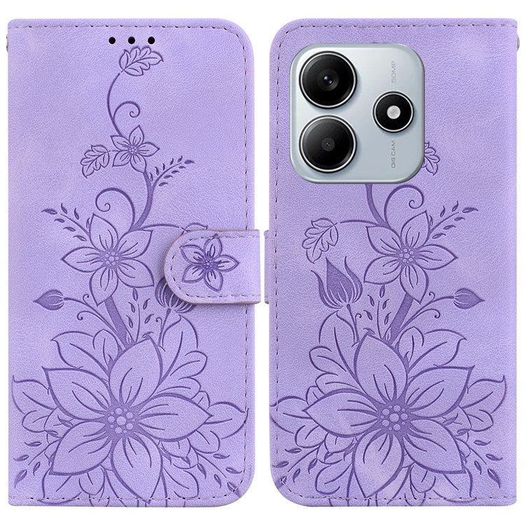 For Xiaomi Redmi Note 14 5G Case Lily Flower Imprint Leather Phone Cover with Stand - Purple