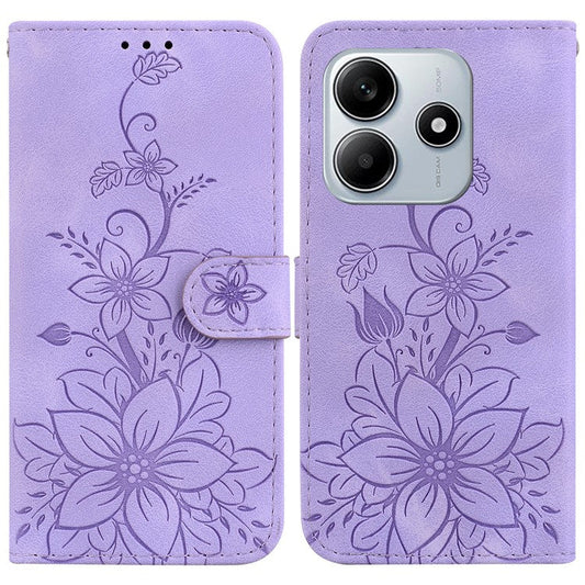 For Xiaomi Redmi Note 14 5G Case Lily Flower Imprint Leather Phone Cover with Stand - Purple
