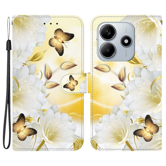 For Xiaomi Redmi Note 14 5G Wallet Phone Case Anti-Drop Leather Flip Cover Pattern Printing - Gold Butterfly Flower