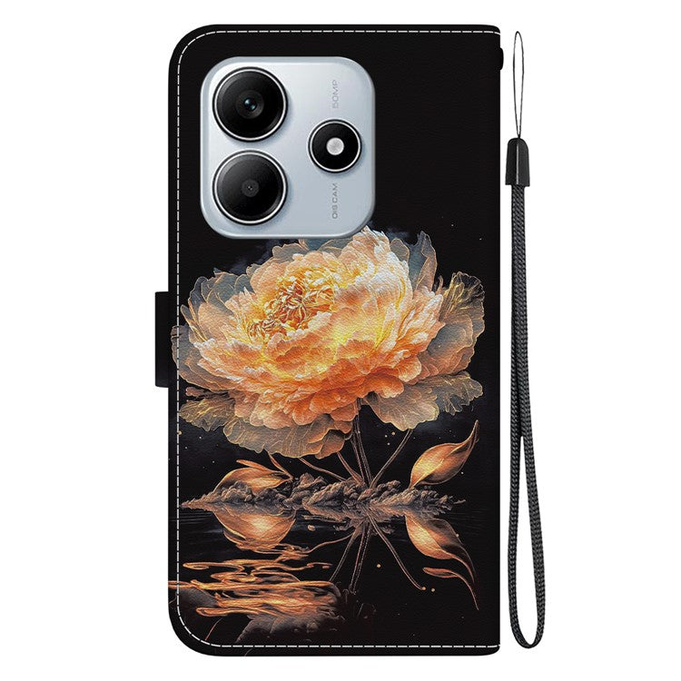 For Xiaomi Redmi Note 14 5G Wallet Phone Case Anti-Drop Leather Flip Cover Pattern Printing - Gold Peony