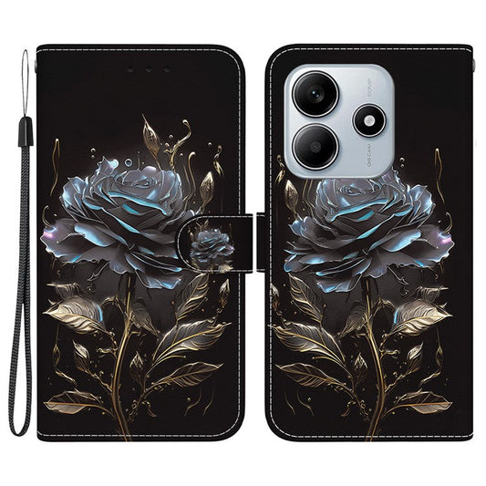 For Xiaomi Redmi Note 14 5G Wallet Phone Case Anti-Drop Leather Flip Cover Pattern Printing - Black Rose