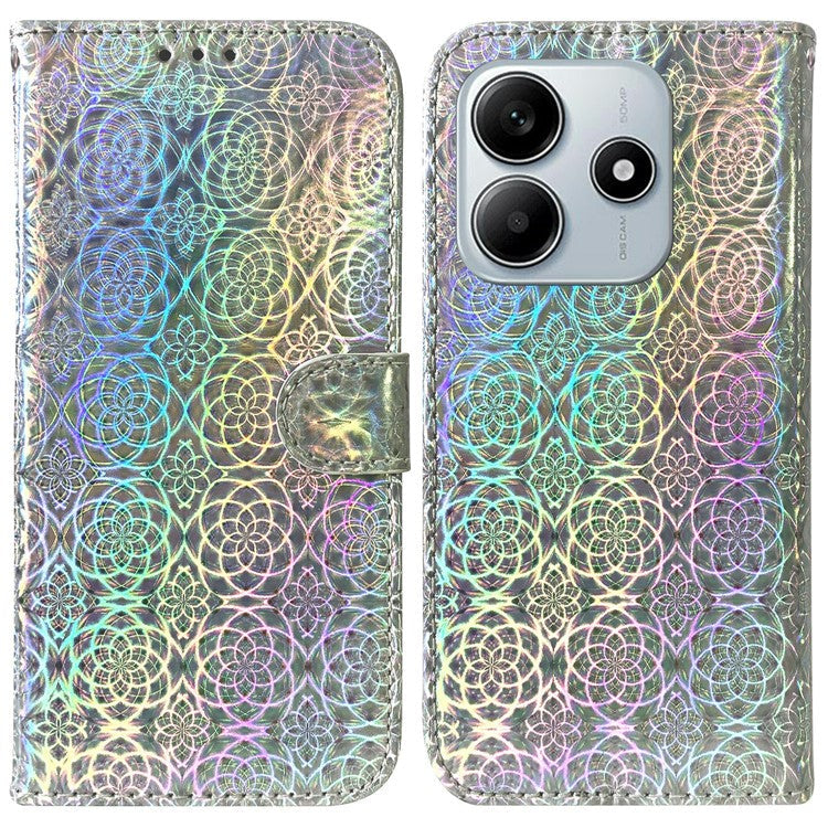 For Xiaomi Redmi Note 14 5G Stand Case Dazzling Flower Leather Phone Cover - Grey