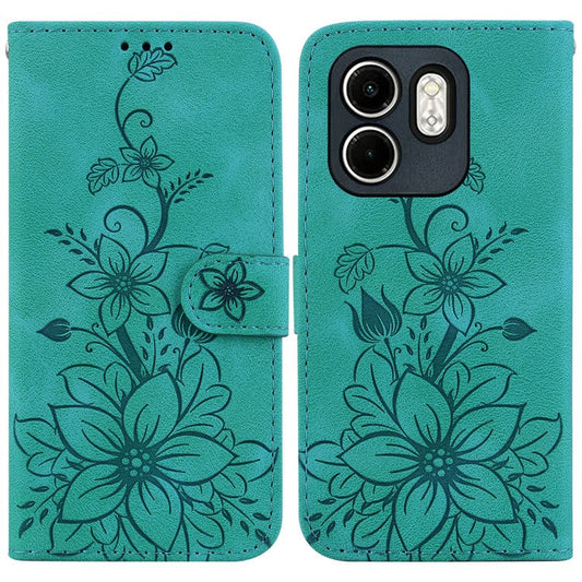 For Infinix Hot 50i 4G  /  Smart 9 4G Case Lily Flower Imprint Leather Phone Cover with Stand - Green
