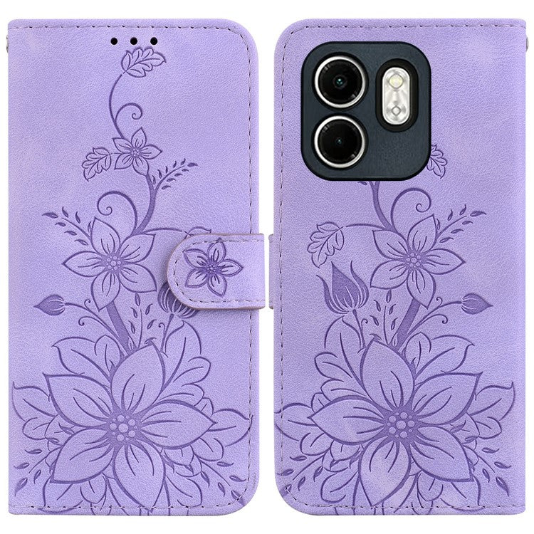 For Infinix Hot 50i 4G  /  Smart 9 4G Case Lily Flower Imprint Leather Phone Cover with Stand - Purple