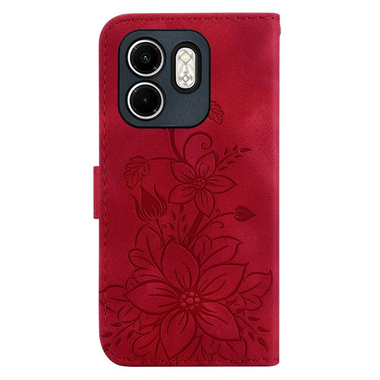 For Infinix Hot 50i 4G  /  Smart 9 4G Case Lily Flower Imprint Leather Phone Cover with Stand - Red
