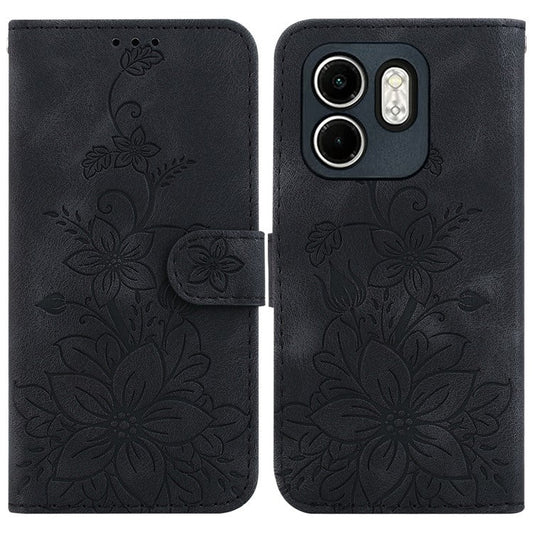 For Infinix Hot 50i 4G  /  Smart 9 4G Case Lily Flower Imprint Leather Phone Cover with Stand - Black