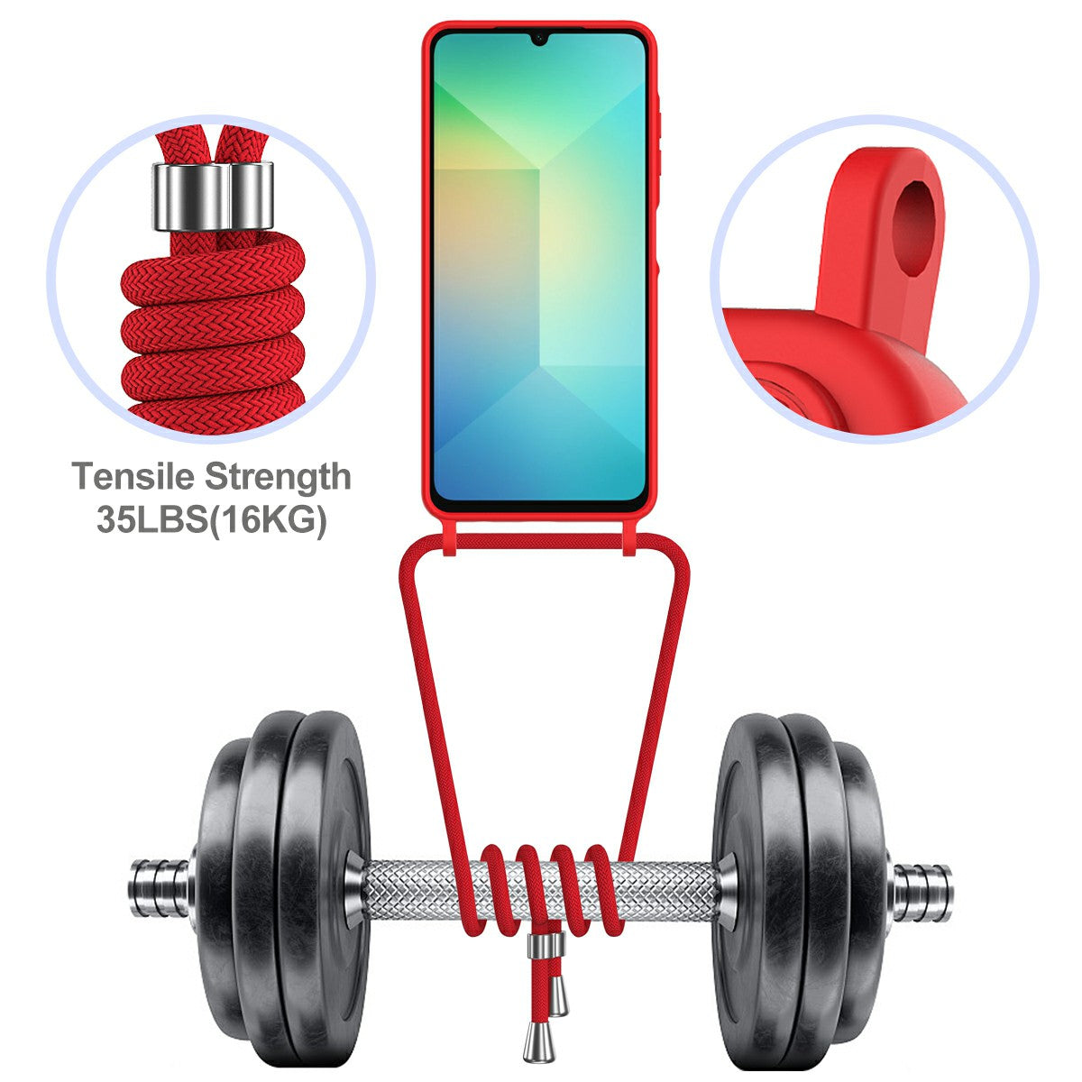 For Samsung Galaxy A06 Case Liquid Silicone Card Holder Phone Back Cover with Lanyard - Red