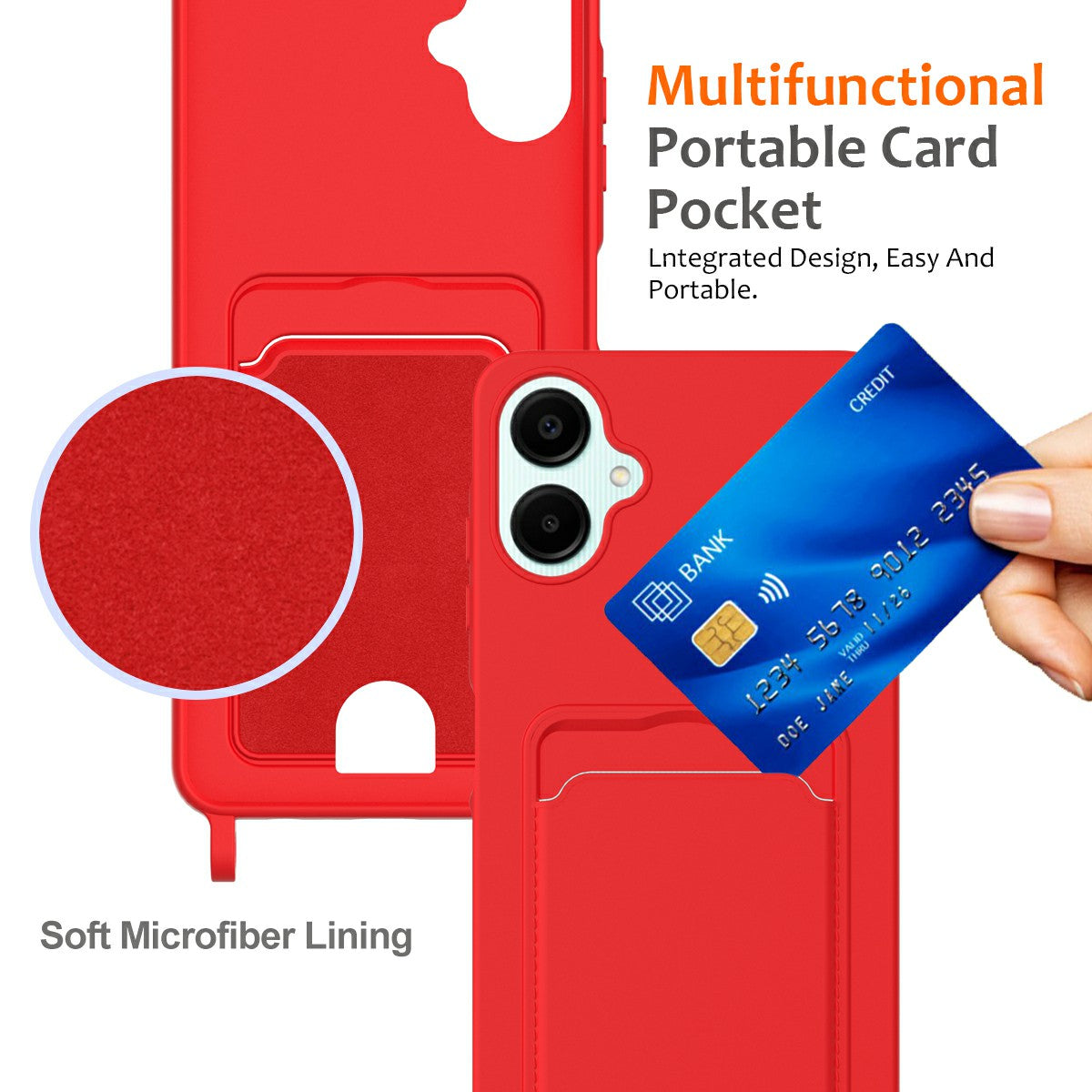 For Samsung Galaxy A06 Case Liquid Silicone Card Holder Phone Back Cover with Lanyard - Red