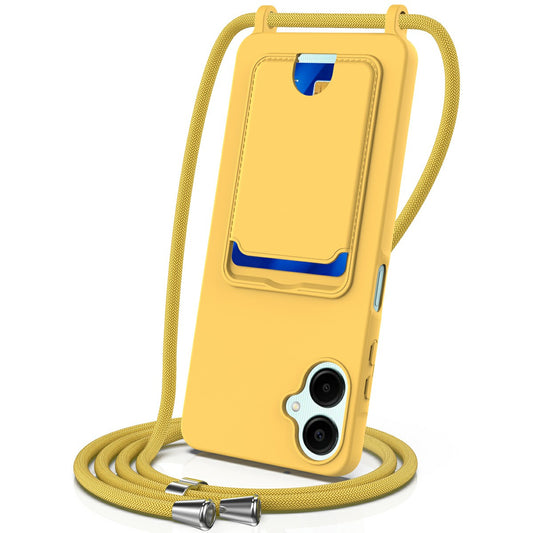 For Samsung Galaxy A06 Case Liquid Silicone Card Holder Phone Back Cover with Lanyard - Yellow