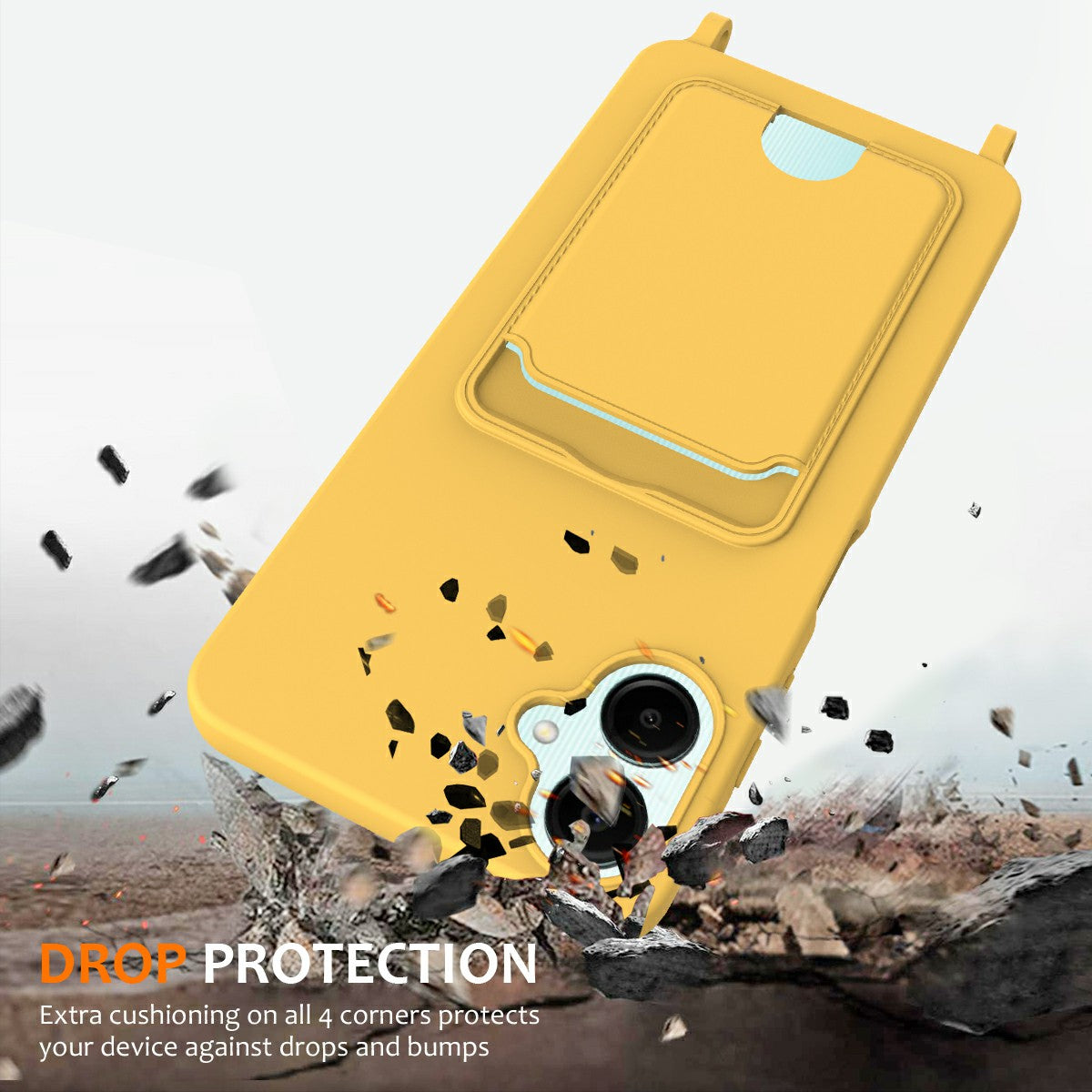 For Samsung Galaxy A06 Case Liquid Silicone Card Holder Phone Back Cover with Lanyard - Yellow