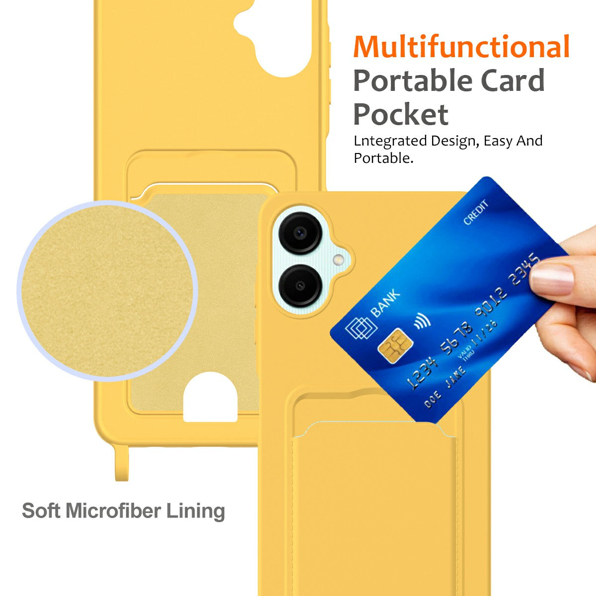 For Samsung Galaxy A06 Case Liquid Silicone Card Holder Phone Back Cover with Lanyard - Yellow