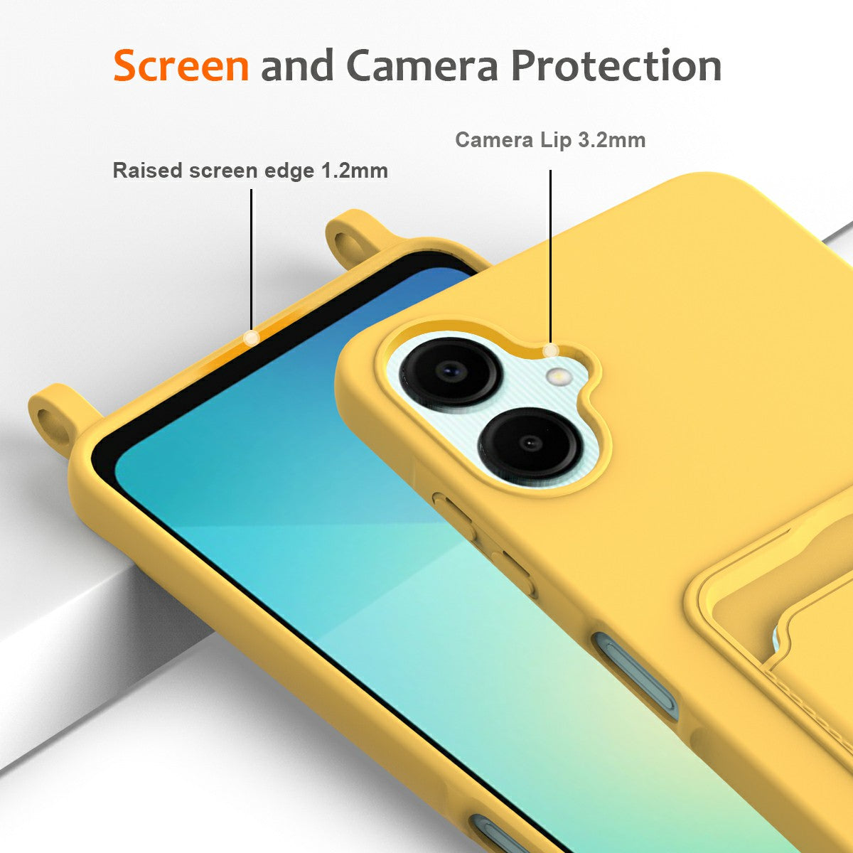 For Samsung Galaxy A06 Case Liquid Silicone Card Holder Phone Back Cover with Lanyard - Yellow