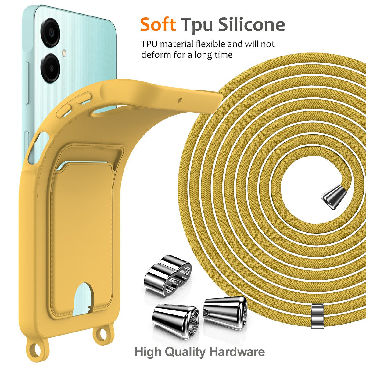 For Samsung Galaxy A06 Case Liquid Silicone Card Holder Phone Back Cover with Lanyard - Yellow