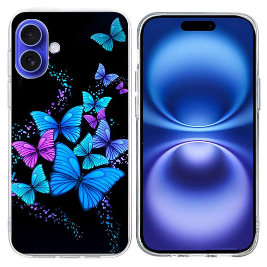 For iPhone 16 Plus Case Pattern Printing Shockproof Soft TPU Phone Cover - Colorful Butterflies