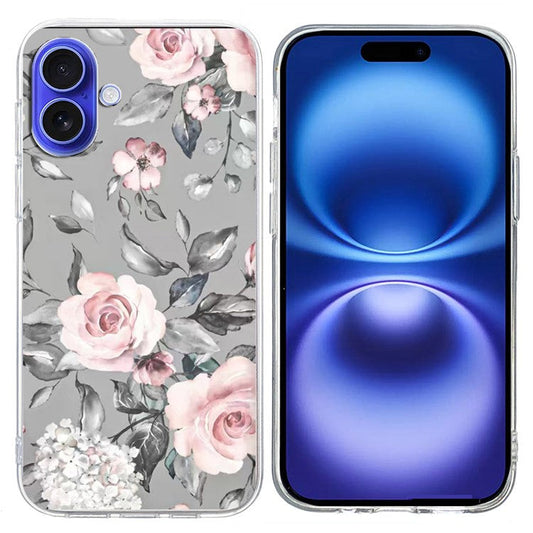For iPhone 16 Plus Case Pattern Printing Shockproof Soft TPU Phone Cover - Grey Background Flowers
