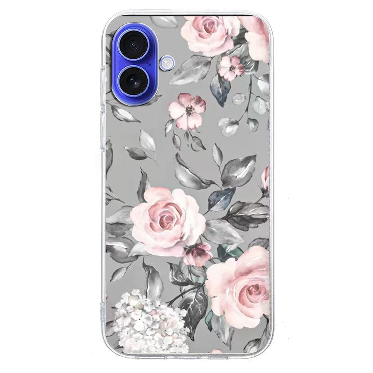 For iPhone 16 Plus Case Pattern Printing Shockproof Soft TPU Phone Cover - Grey Background Flowers