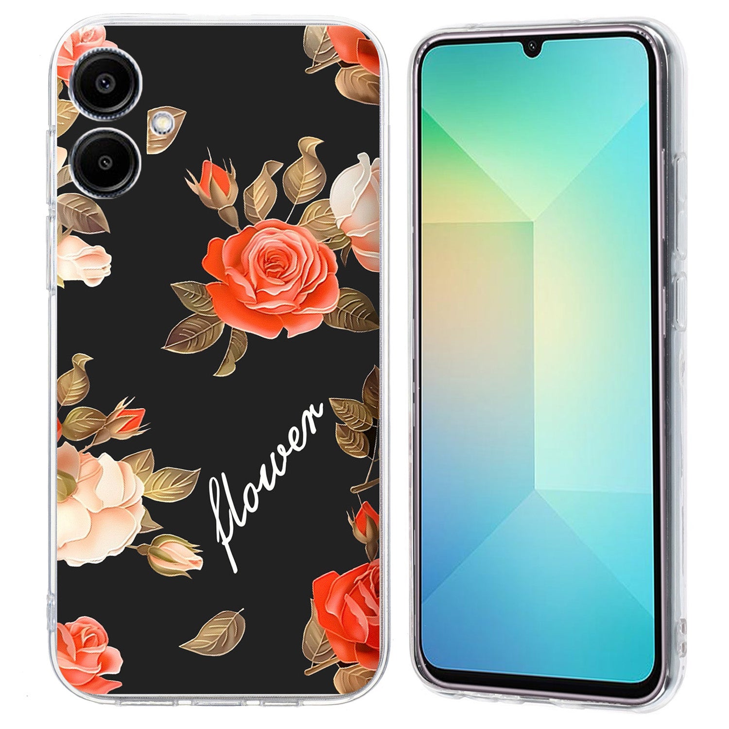 For Samsung Galaxy A06 Case Pattern Printing Shockproof Soft TPU Phone Cover - Black Background Flowers