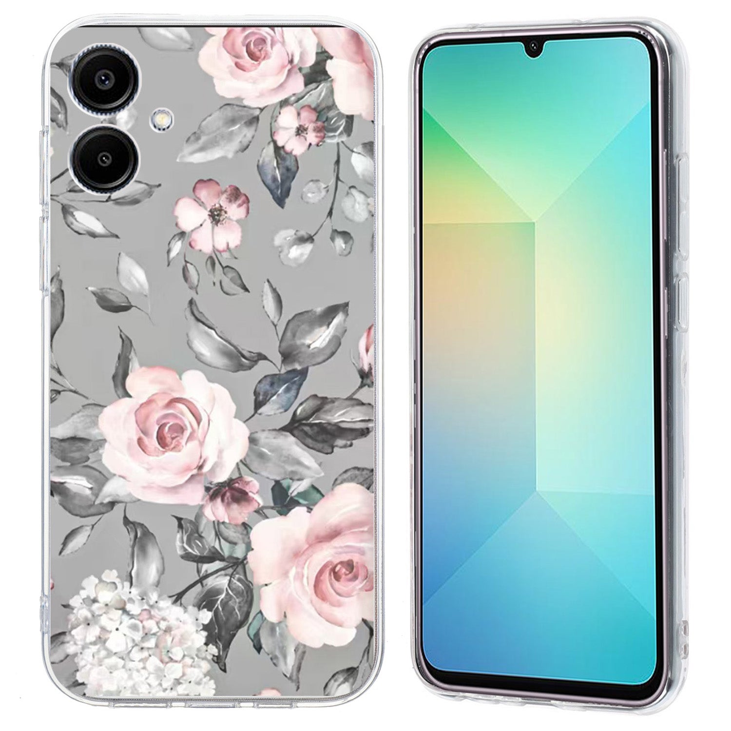 For Samsung Galaxy A06 Case Pattern Printing Shockproof Soft TPU Phone Cover - Grey Background Flowers